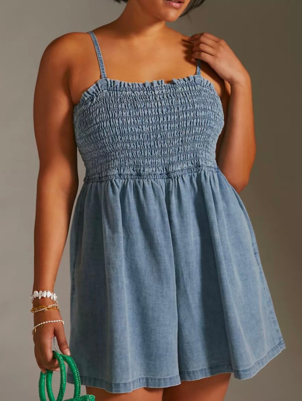 Anthropologie Pilcro Smocked Blue Linen Sleeveless Pocketed Shorts Romper XL
